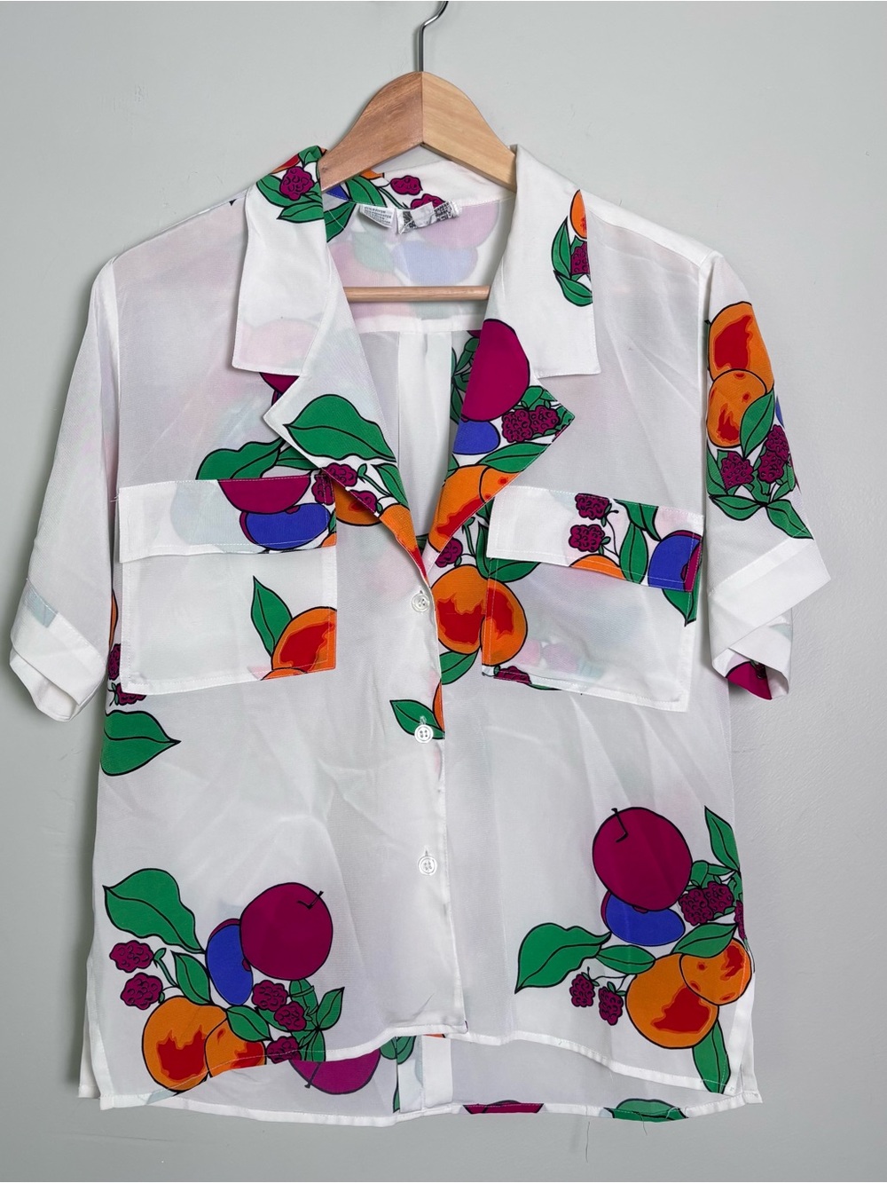 VTG 80s Anne Klein Fruit Print Blouse-Button Down-White/Multi-Women's Size 6